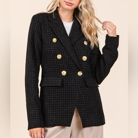 NWT Mittoshop Black Plaid Chunky Textured Double Breasted Long Sleeve Blazer - Picture 1 of 6